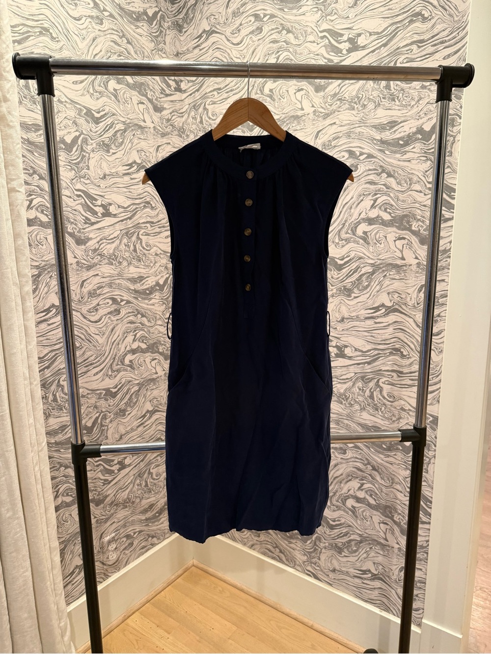 Cap-Sleeve Navy Midi Dress with Button Placket